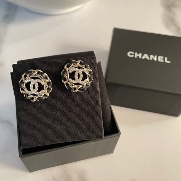 CHANEL 2022 Leather & Crystal CC Stud Earrings - Picture 7 of 7
